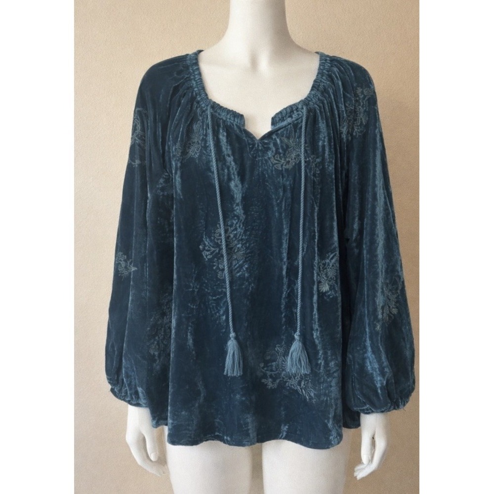 Karyn Seo Velvet Peasant Blouse Top Embroidered Teal Emerald Shimmer S Tassels